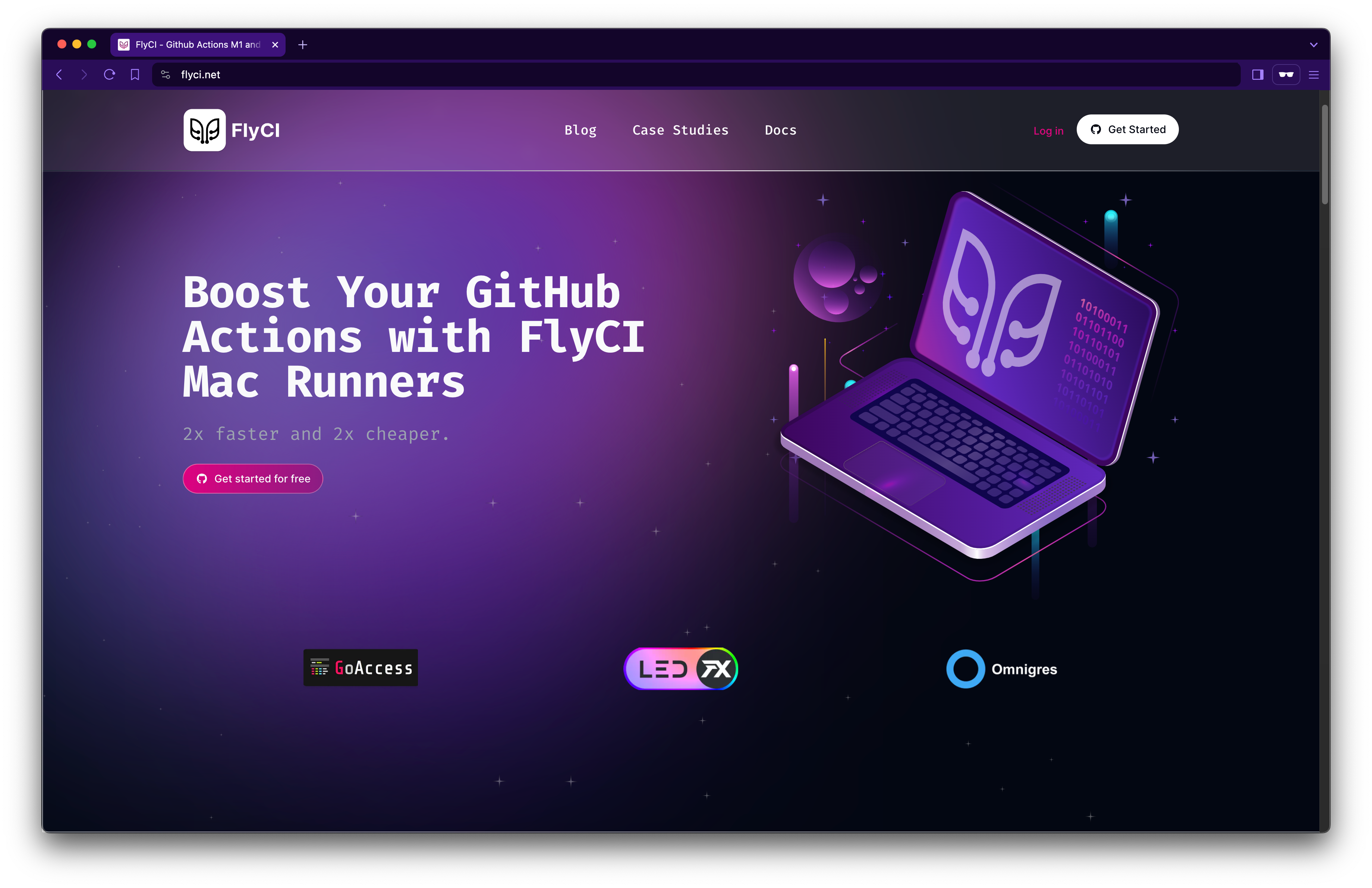The FlyCI website homepage with a headline "Boost Your GitHub Actions with FlyCI Mac Runners", claiming increased speed and cost efficiency. It features a graphic of a laptop displaying the FlyCI logo and binary code, in a purple and blue color scheme. Partner logos and navigation options are also visible.